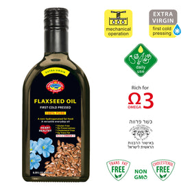 Golden Kings flaxseed oil pouring stream over greens for a nutty finish.