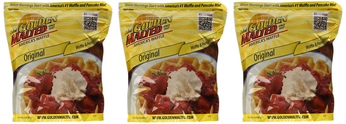 Golden Malted complete waffles mix bag on a kitchen counter, ready for quick breakfasts.