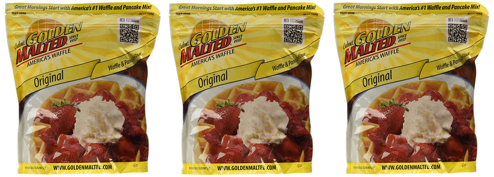 Golden Malted complete waffles mix bag on a kitchen counter, ready for quick breakfasts.
