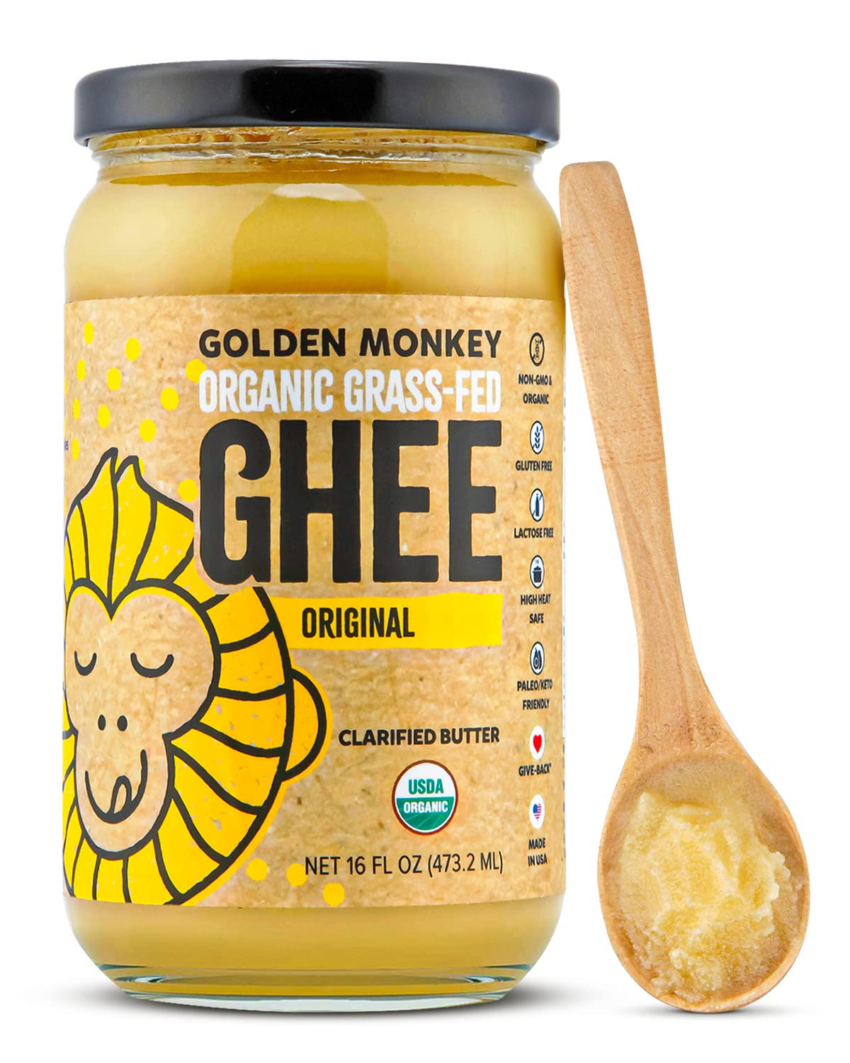 Golden Monkey ghee jar front shows grass fed organic quality for keto cooking