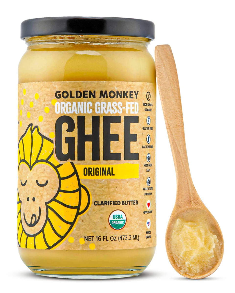 Golden Monkey ghee jar front shows grass fed organic quality for keto cooking