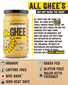 Golden Monkey ghee in a skillet demonstrates versatile fat for cooking