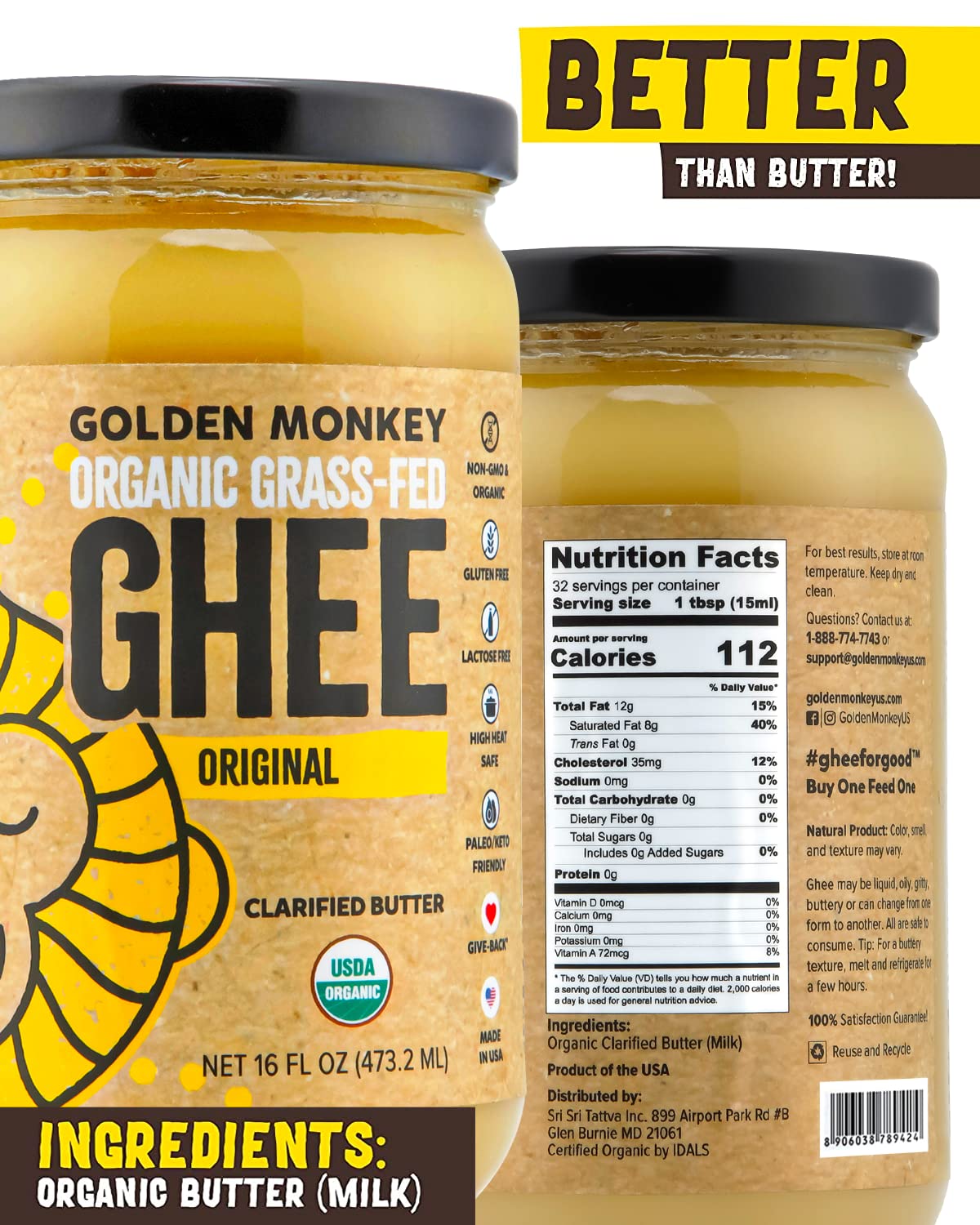 Golden Monkey ghee label details organic grass fed origin and uses