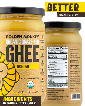 Golden Monkey ghee label details organic grass fed origin and uses