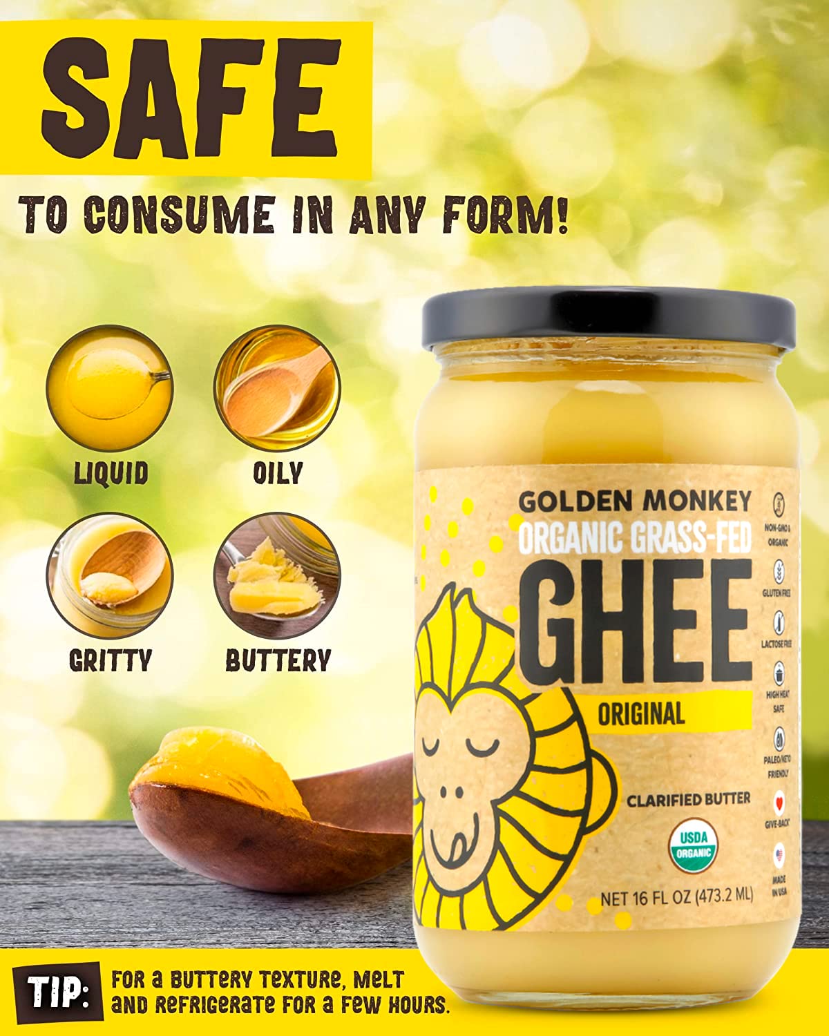 Golden Monkey ghee pour shot highlights high smoke point for sizzling dishes