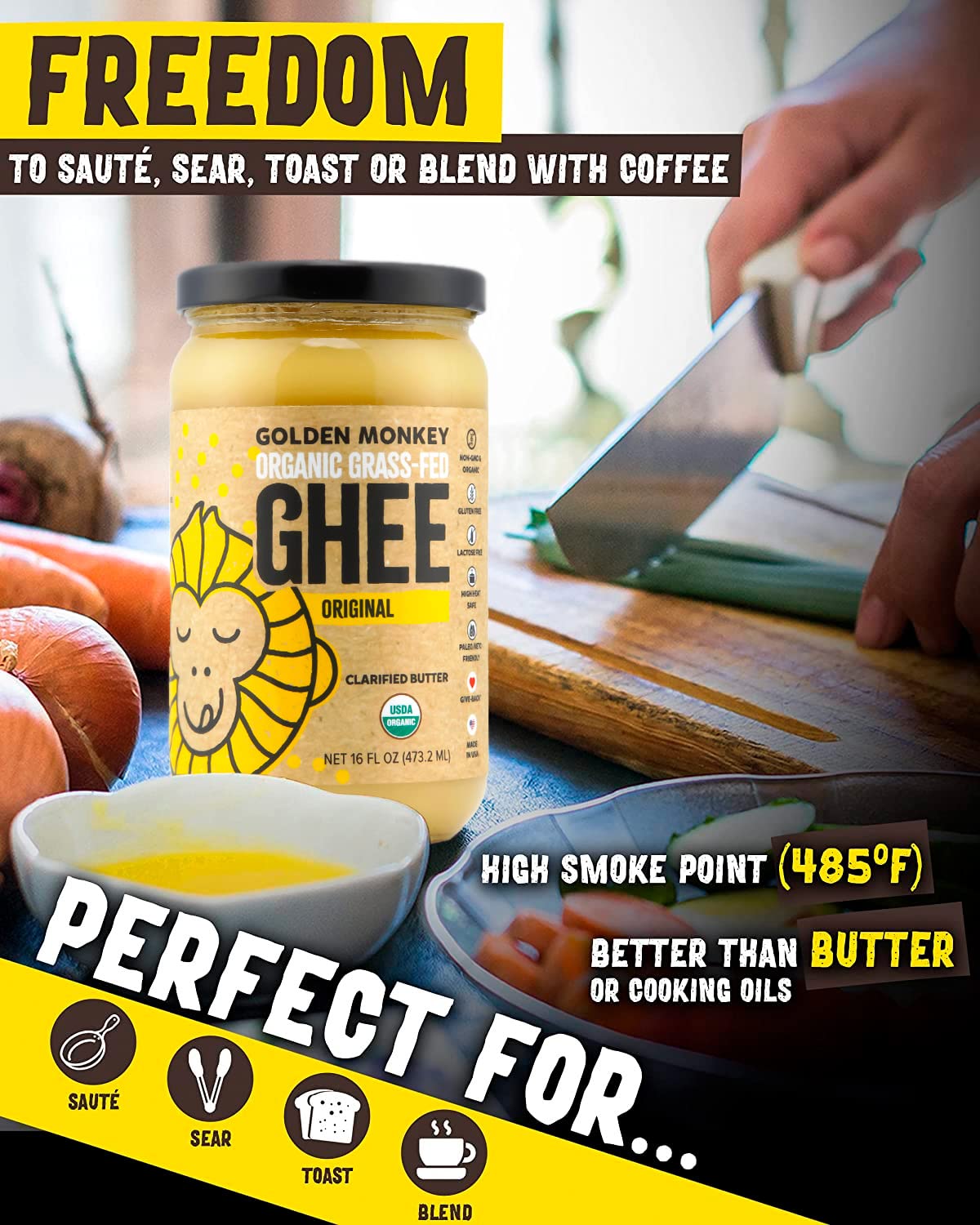 Golden Monkey ghee texture close-up shows creamy to solid consistency in different temps