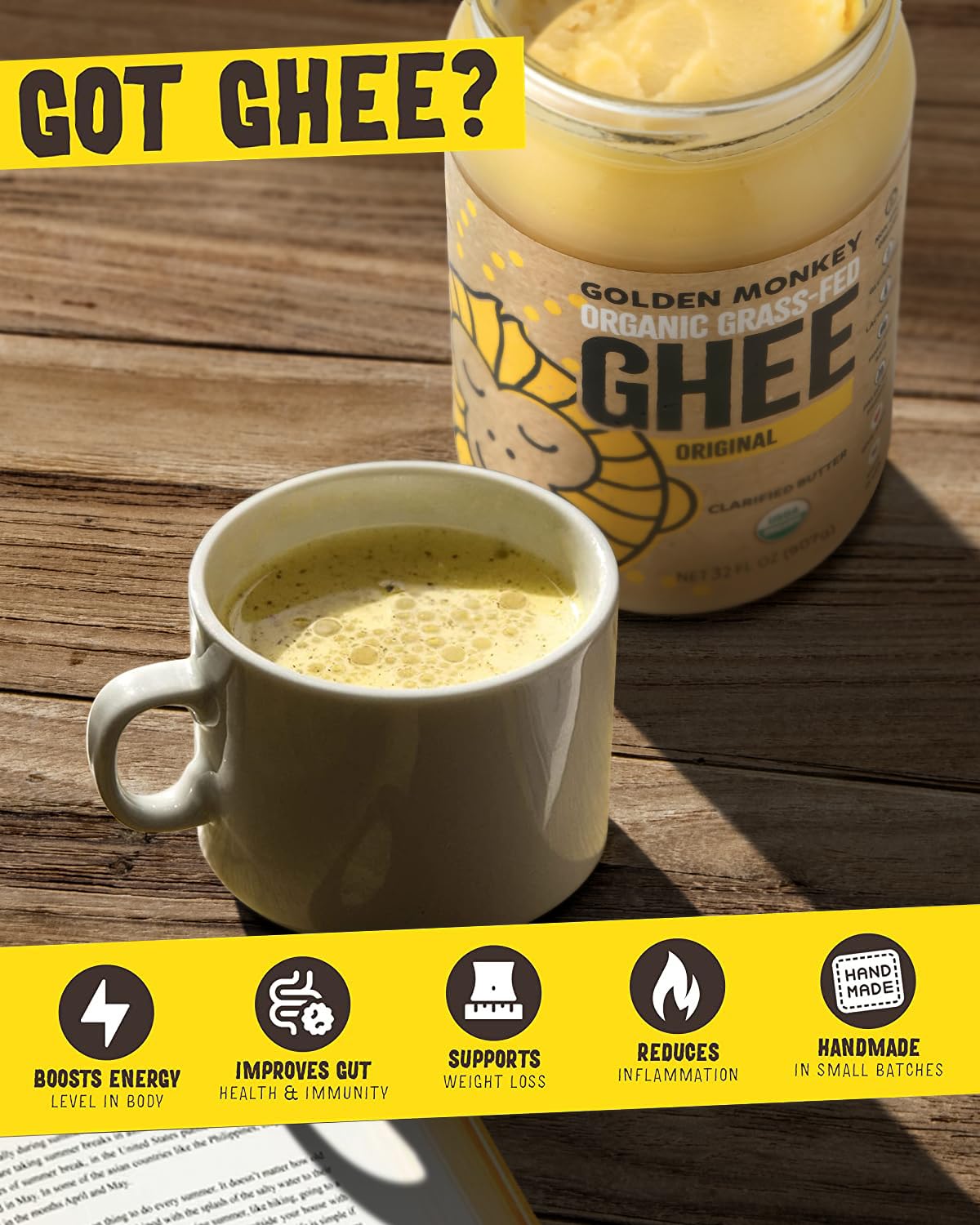 Golden Monkey Organic Ghee Bottle highlights grass-fed origin and flavor.