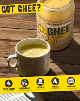 Golden Monkey Organic Ghee Bottle highlights grass-fed origin and flavor.
