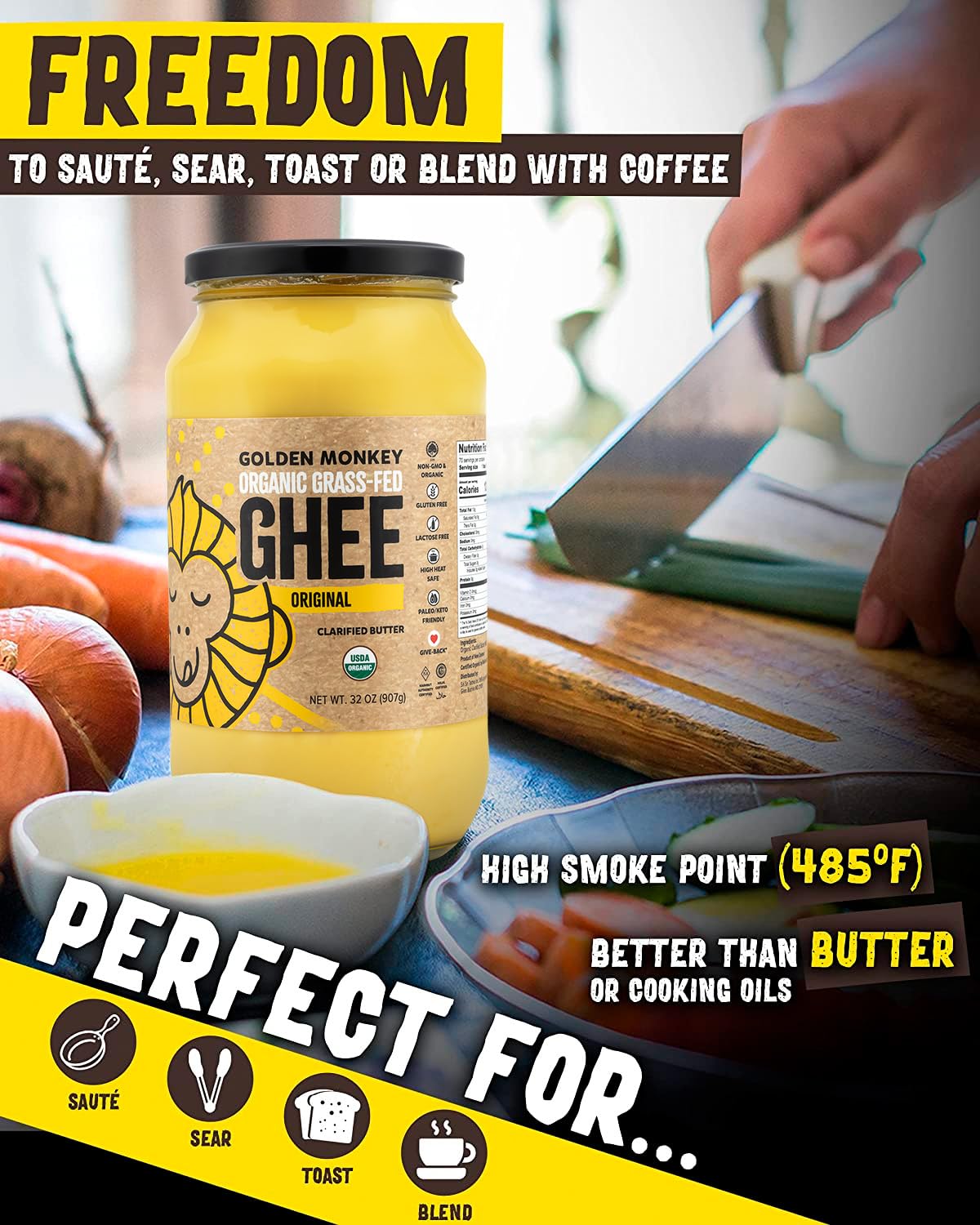 Golden Monkey Organic Ghee Packaging emphasizes additive-free, lactose-free fat.