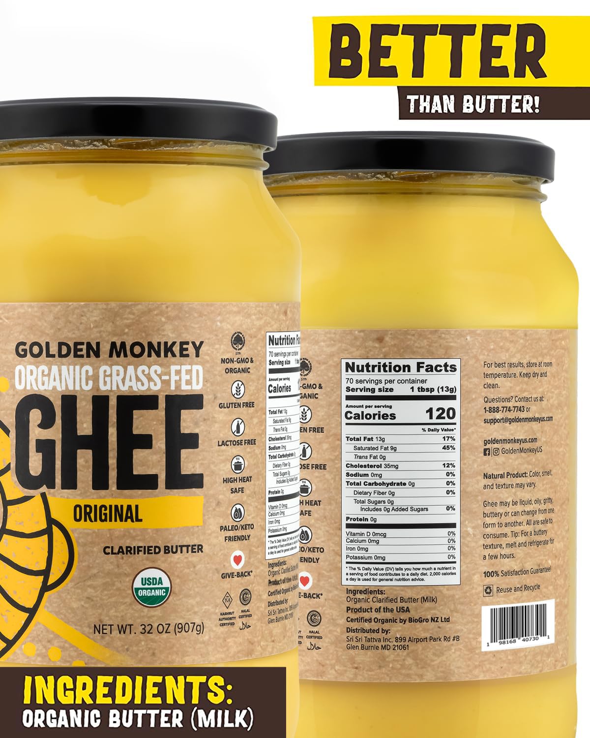 Golden Monkey Organic Ghee Pour shows high-heat suitability for frying.