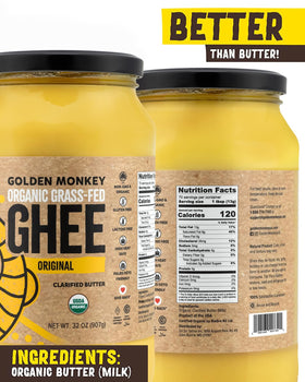 Golden Monkey Organic Ghee Pour shows high-heat suitability for frying.