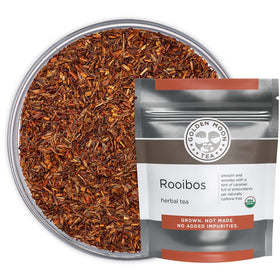 Golden Moon Rooibos loose leaf long-cut closeup shows premium leaves for caffeine-free evenings