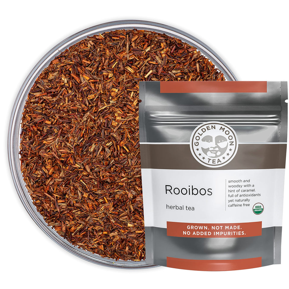 Golden Moon Rooibos loose leaf long-cut closeup shows premium leaves for caffeine-free evenings