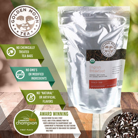 Golden Moon Tea Assam-Darjeeling-Nilgiri-Keemun mix offers balanced breakfast notes.