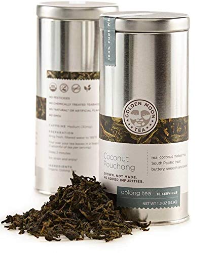 Golden Moon Tea coconut pouchong loose leaf showing natural coconut flavor in a cup.
