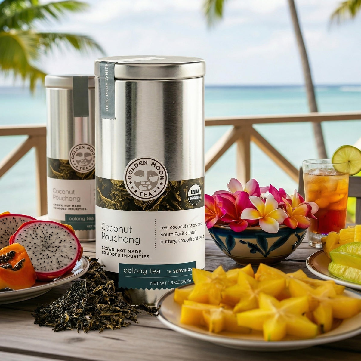 Golden Moon Tea coconut pouchong without artificial flavors for pure taste.