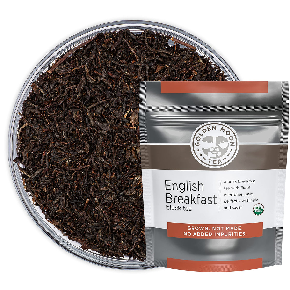 Golden Moon Tea English Breakfast loose-leaf blend with a robust, inviting aroma.