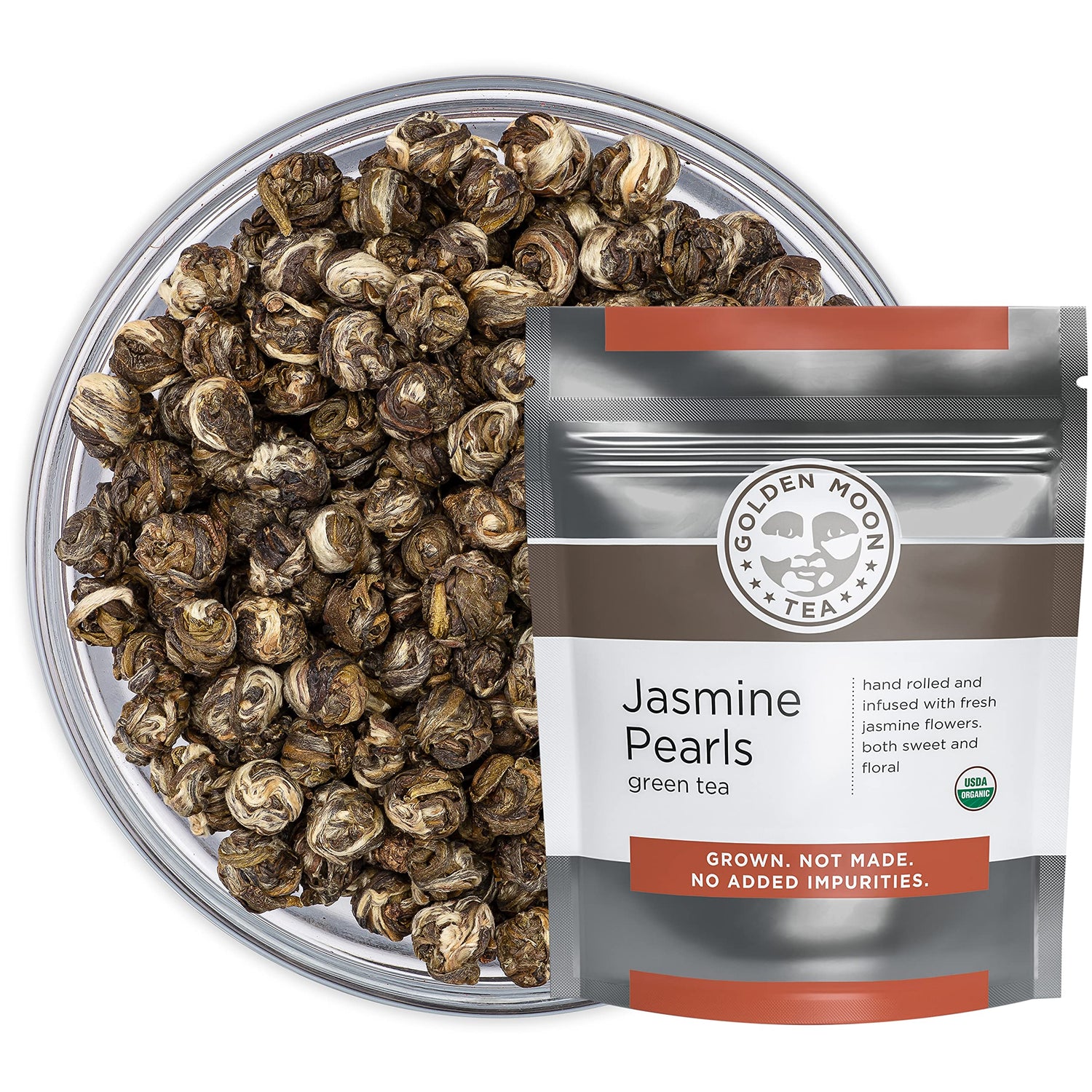 Golden Moon Tea Jasmine Dragon Pearl closeup highlights the delicate pearls for a fragrant brew.