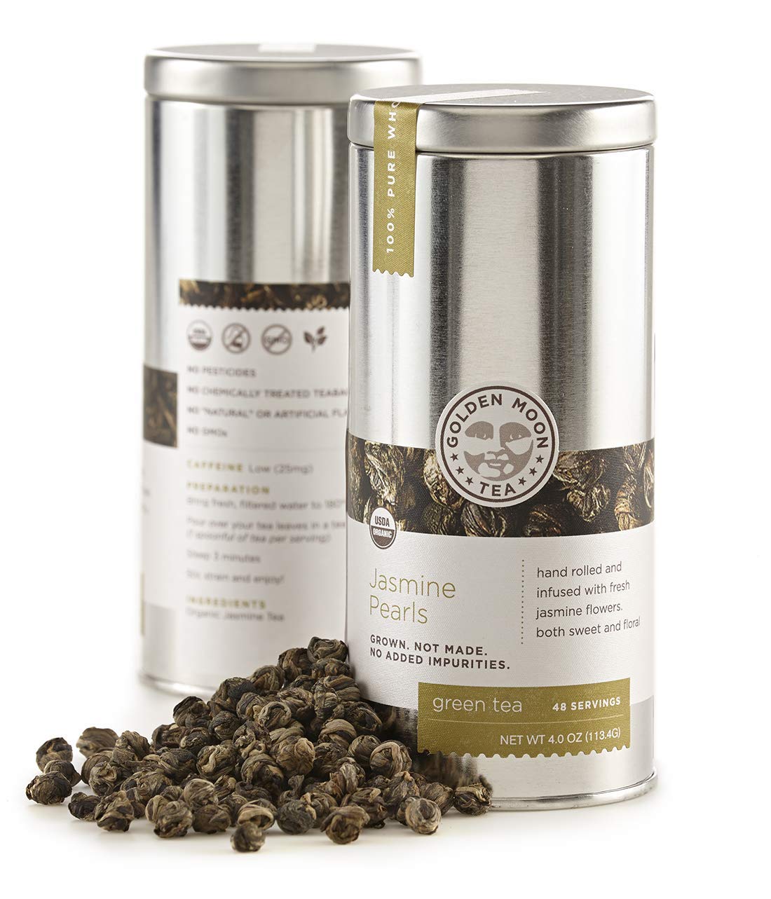 Golden Moon Tea Jasmine Dragon Pearls loose-leaf display with premium aroma and subtle sweetness.