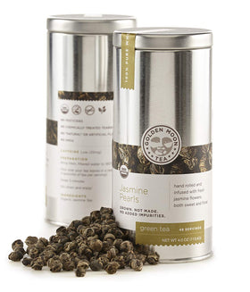 Golden Moon Tea Jasmine Dragon Pearls loose-leaf display with premium aroma and subtle sweetness.