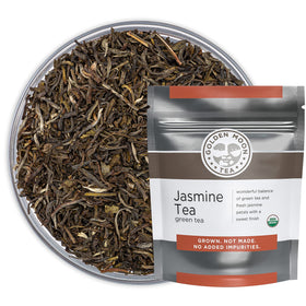 Golden Moon Tea jasmine leaves close-up showcasing premium aroma and quality