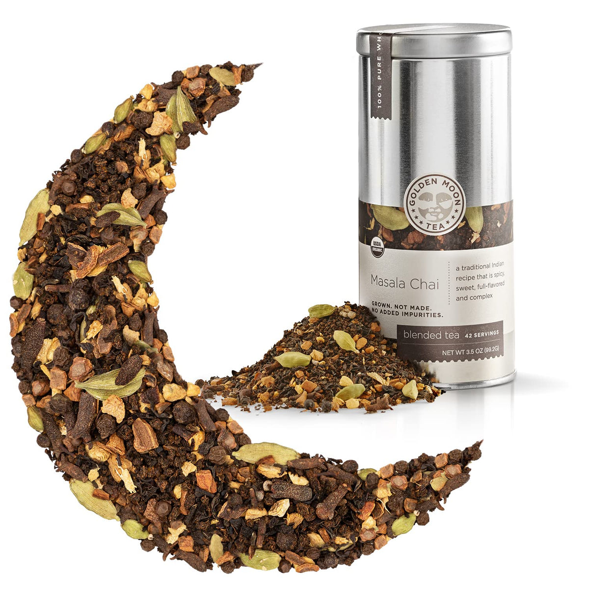 Golden Moon Tea Masala Chai loose leaf with authentic spices for a rich, aromatic brew.