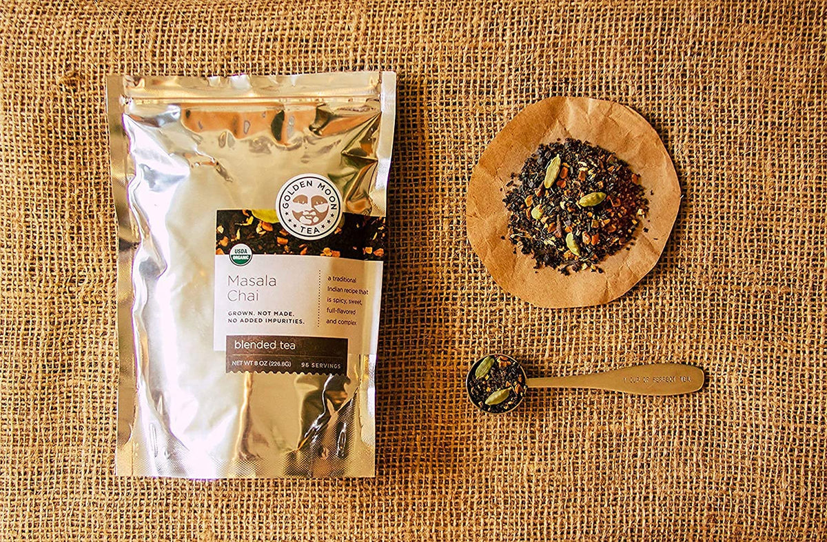 Golden Moon Tea spice blend features peppercorns and ginger for a warm morning ritual.