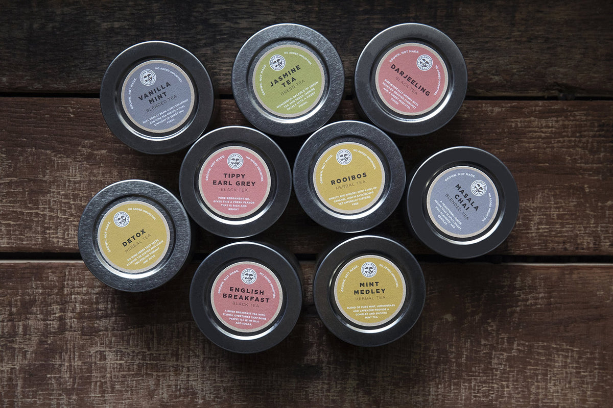 Golden Moon Tea variety labels help choosing among blends at a glance
