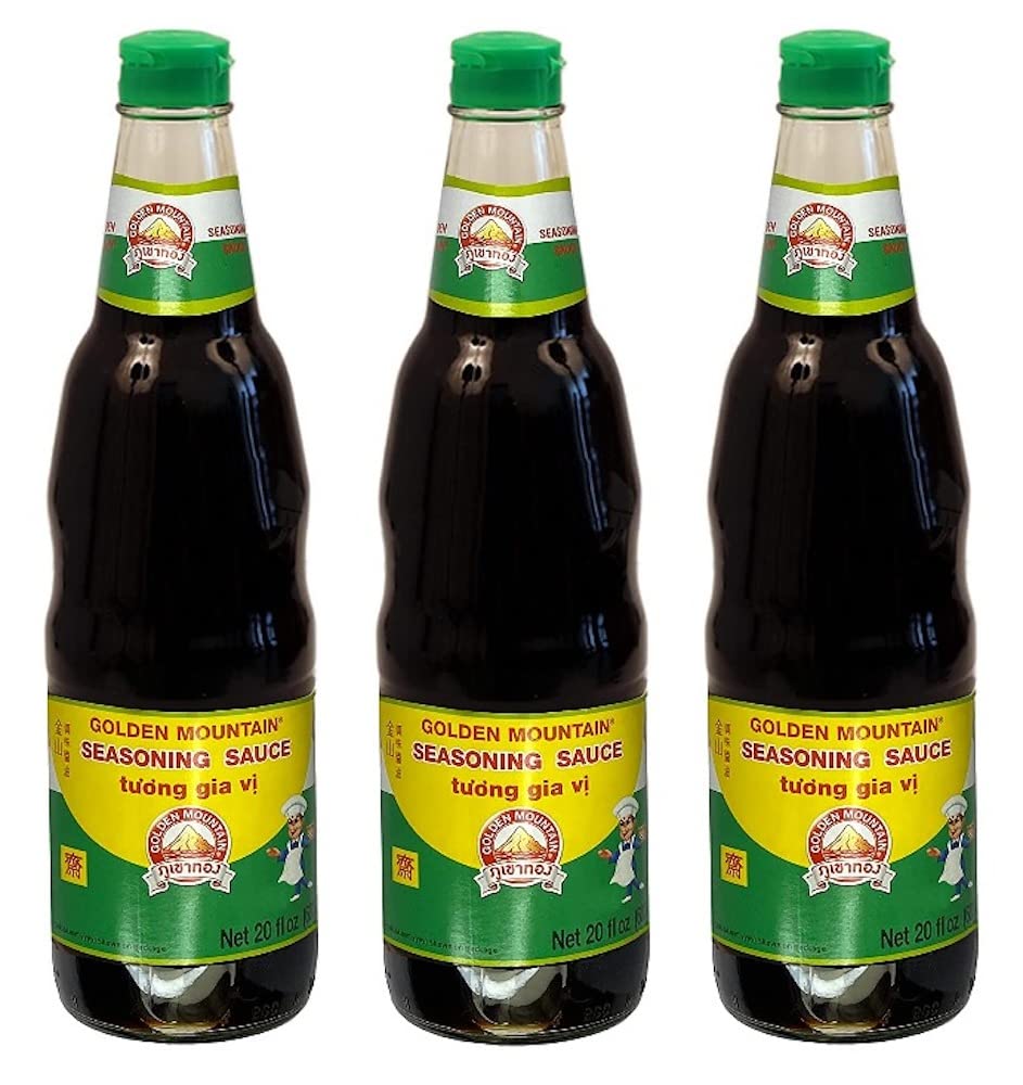 Golden Mountain Seasoning Sauce 3-pack bottle front enhances stir-fry flavor.