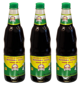 Golden Mountain Seasoning Sauce 3-pack bottle front enhances stir-fry flavor.