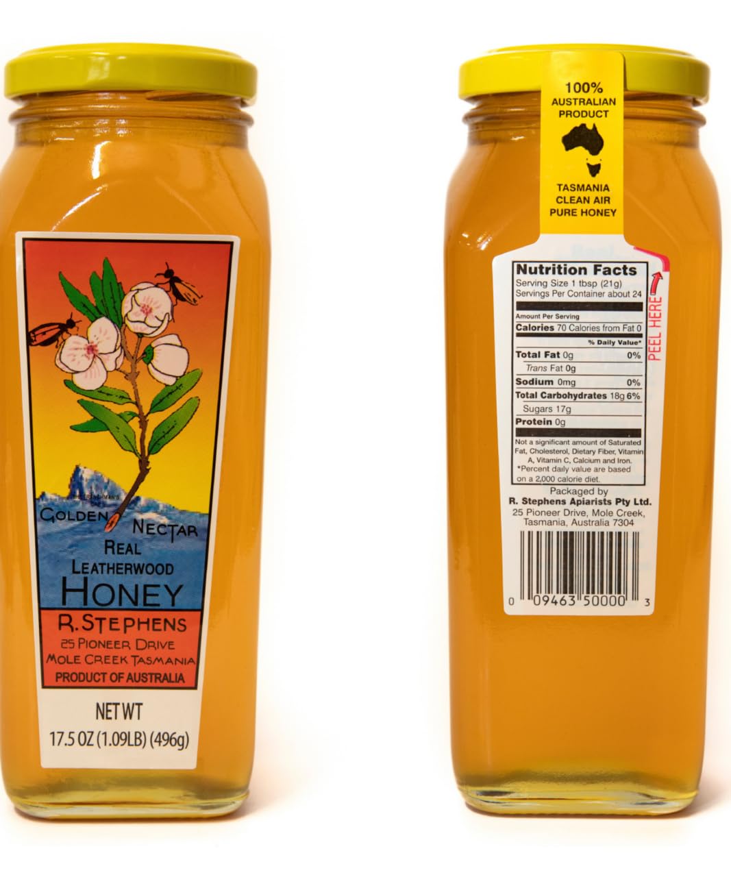 Golden Nectar Leatherwood Honey label highlights organic quality and purity