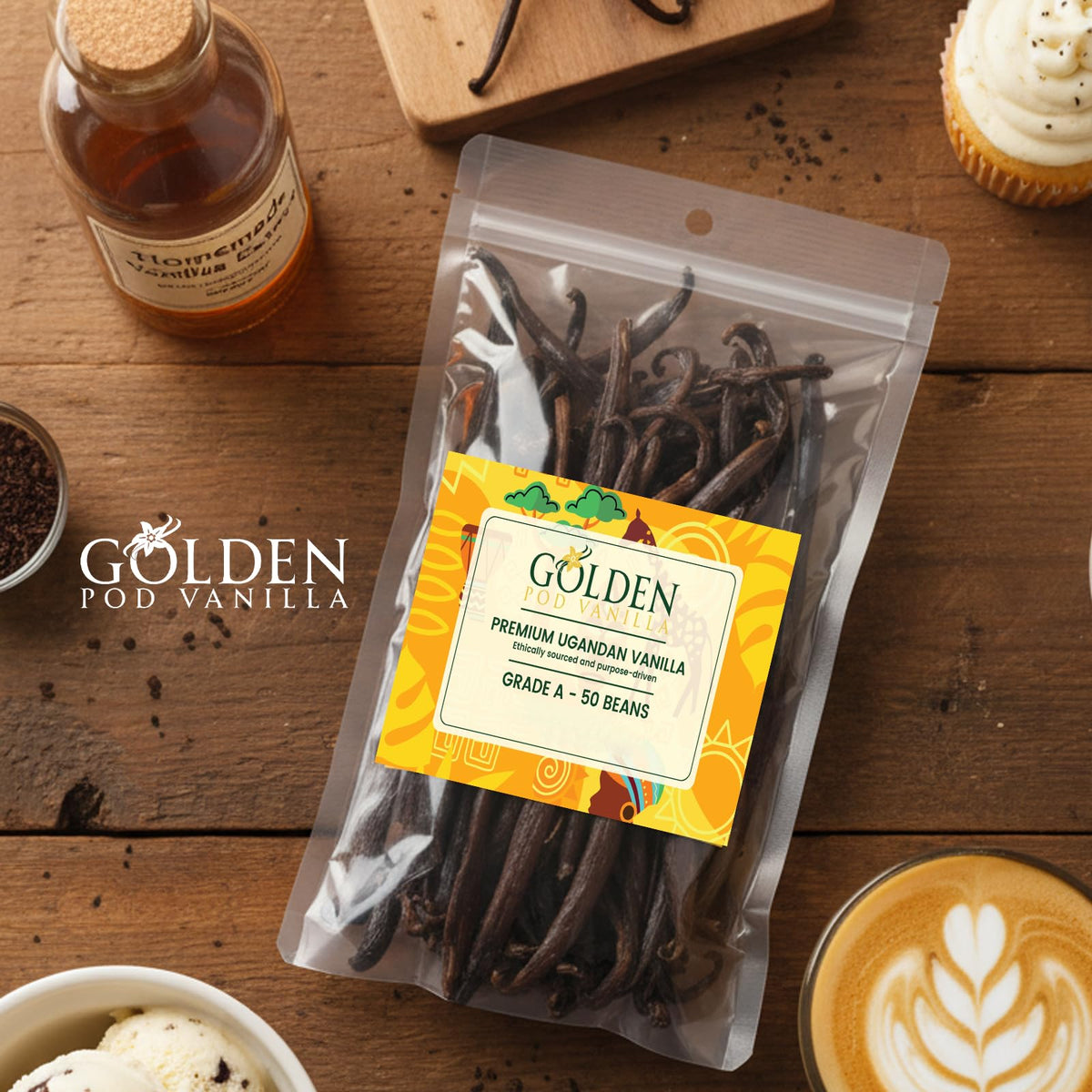 Vacuum-sealed Golden Pod vanilla beans preserve moisture and seeds