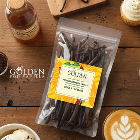 Vacuum-sealed Golden Pod vanilla beans preserve moisture and seeds