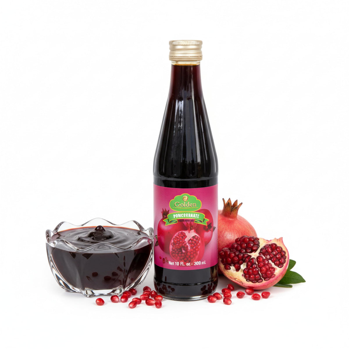 Golden Pomegranate Molasses bottle-front: ideal for adding depth to dressings and drinks.