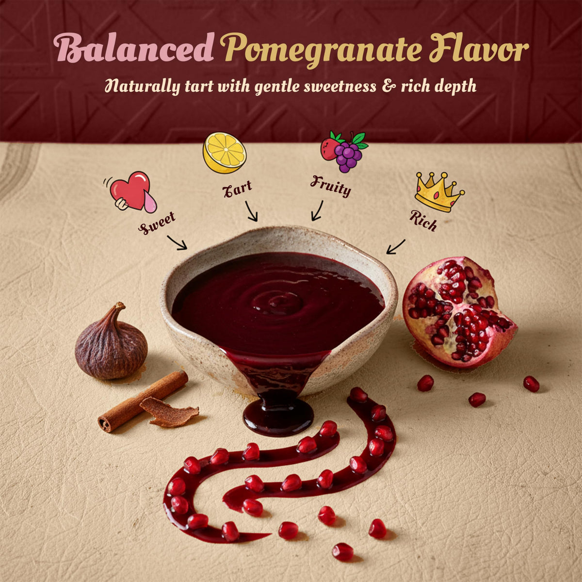 Golden Pomegranate Molasses drizzle-glass: rich color enhances beverages and savory dishes.