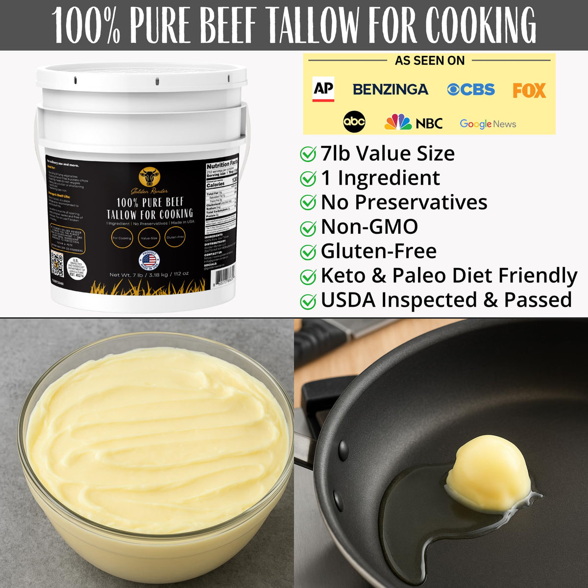Golden Render beef tallow pour showing creamy texture ideal for sautéing.