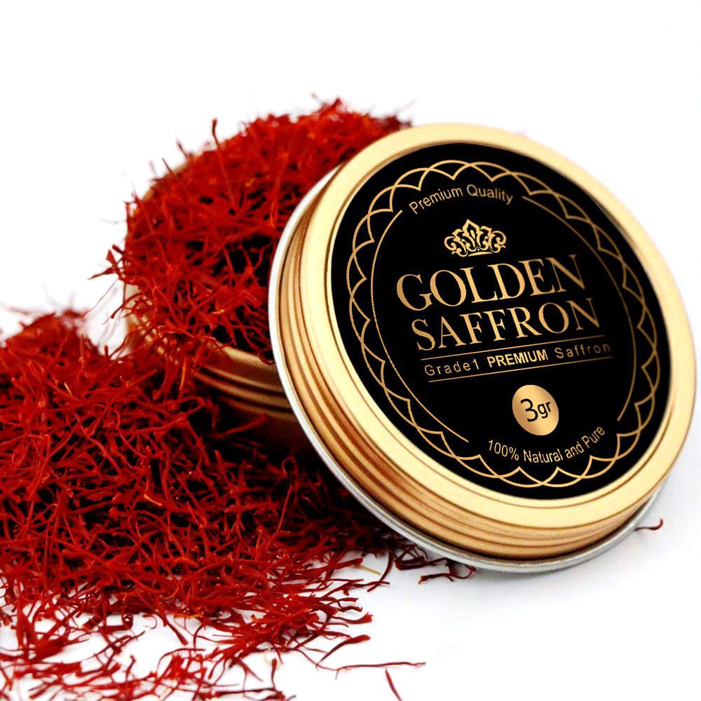 Golden Saffron bottle close-up, premium saffron for rich color and aroma in dishes