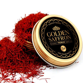 Golden Saffron bottle close-up, premium saffron for rich color and aroma in dishes