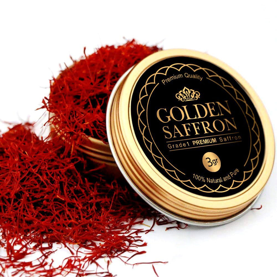 Golden Saffron bottle close-up, premium saffron for rich color and aroma in dishes