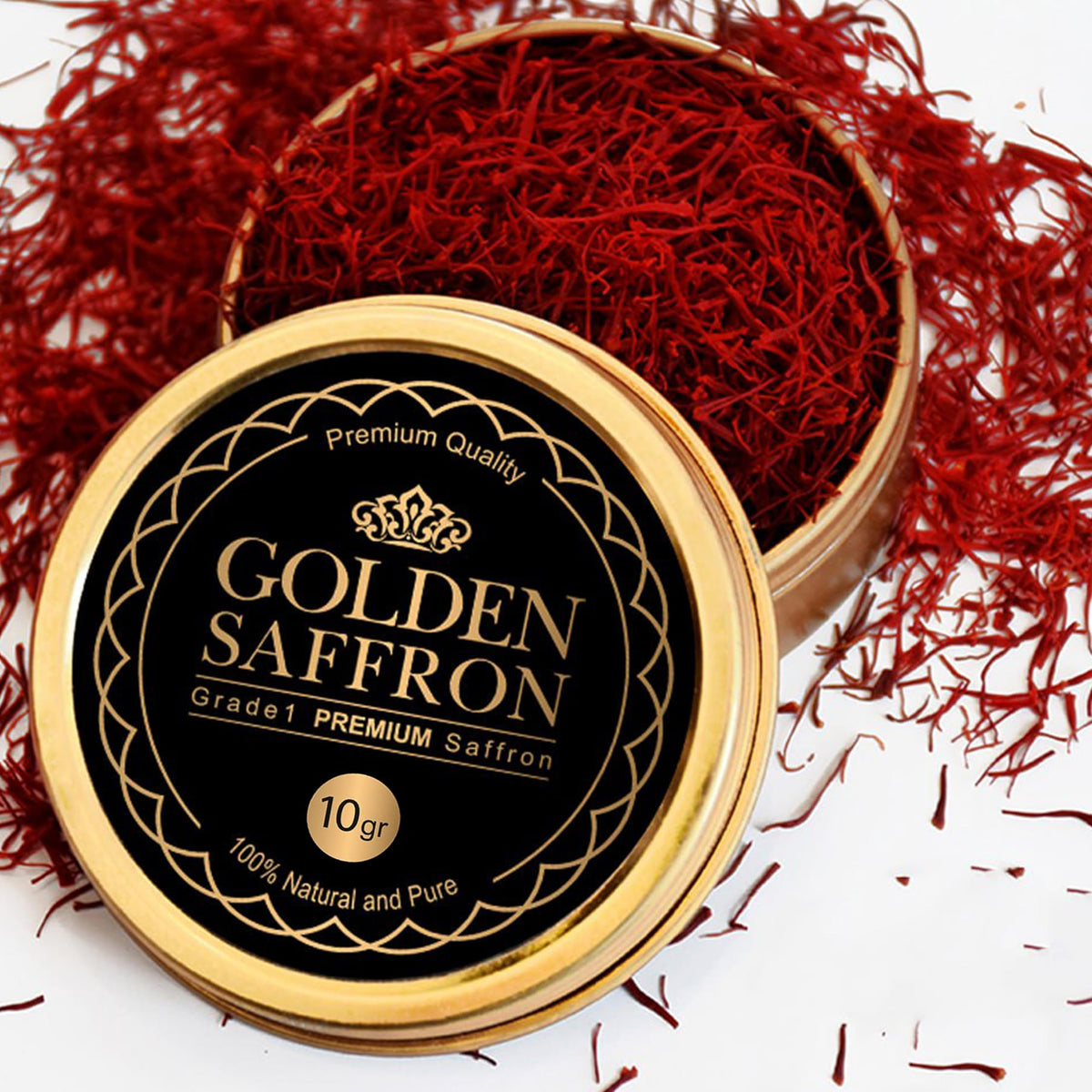 Golden Saffron grade 1 saffron threads in a tin package, delivering vibrant color.