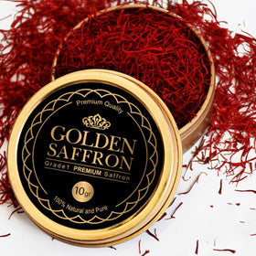 Golden Saffron grade 1 saffron threads in a tin package, delivering vibrant color.