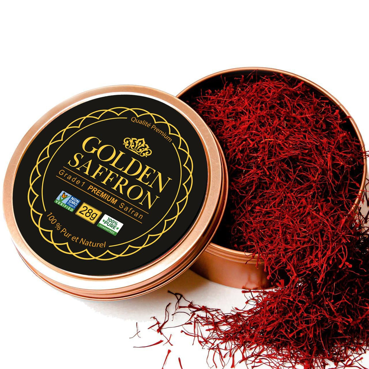 Golden Saffron Grade 1 Super Negin threads in tin offer vivid color.