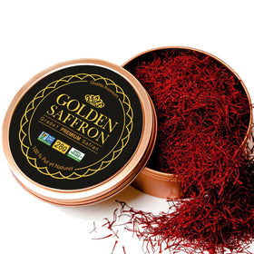 Golden Saffron Grade 1 Super Negin threads in tin offer vivid color.