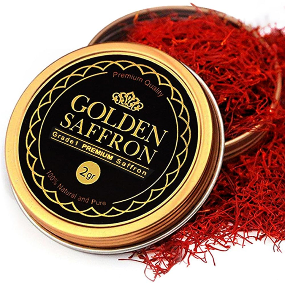 Golden Saffron Grade 1 Super Negin threads in tin highlight premium color for rich dishes