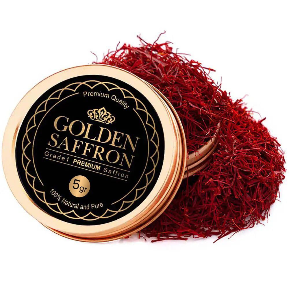 Golden Saffron Grade A+ Super Negin threads in tin, ready to color paella.