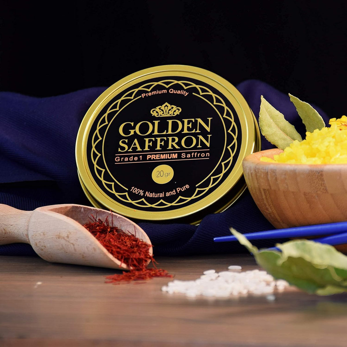 Golden Saffron hand-picked saffron threads on display for flavor