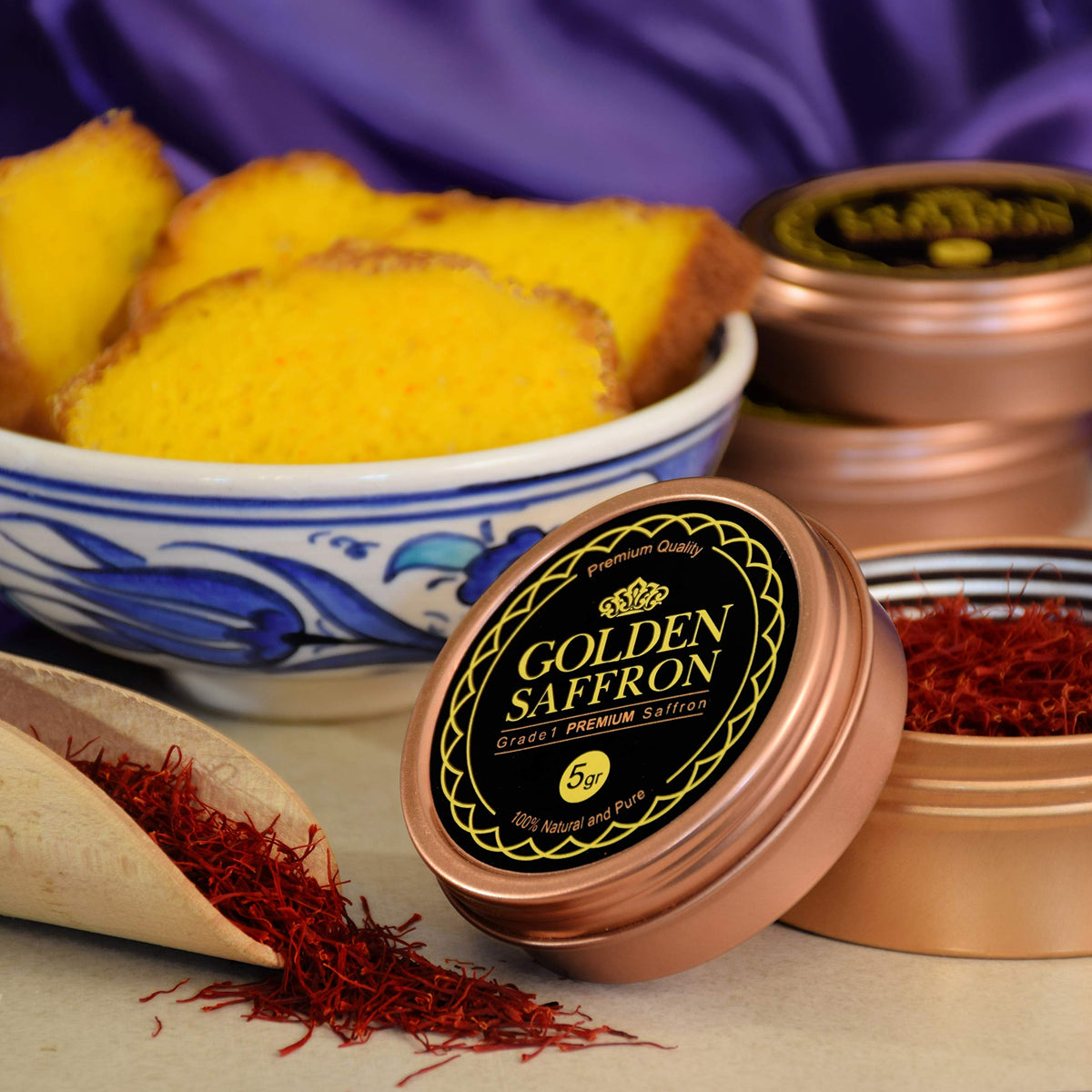 Golden Saffron hand-picked threads in a clear pack emphasizing freshness.