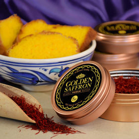Golden Saffron hand-picked threads in a clear pack emphasizing freshness.