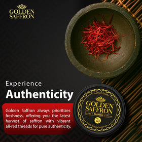Golden Saffron handpicked all-red saffron shown for peak aroma and color.