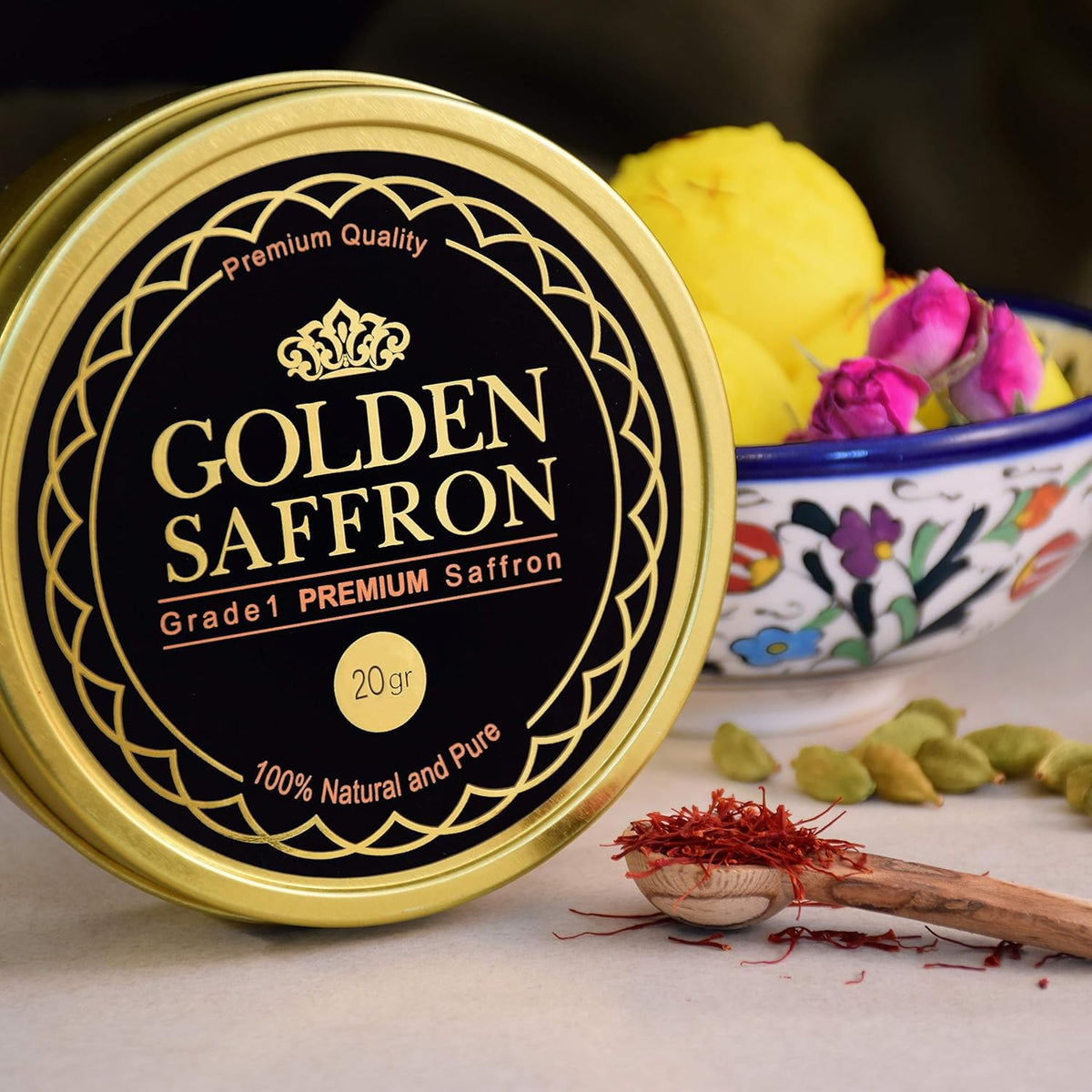 Golden Saffron lab-tested non-GMO badge indicating quality